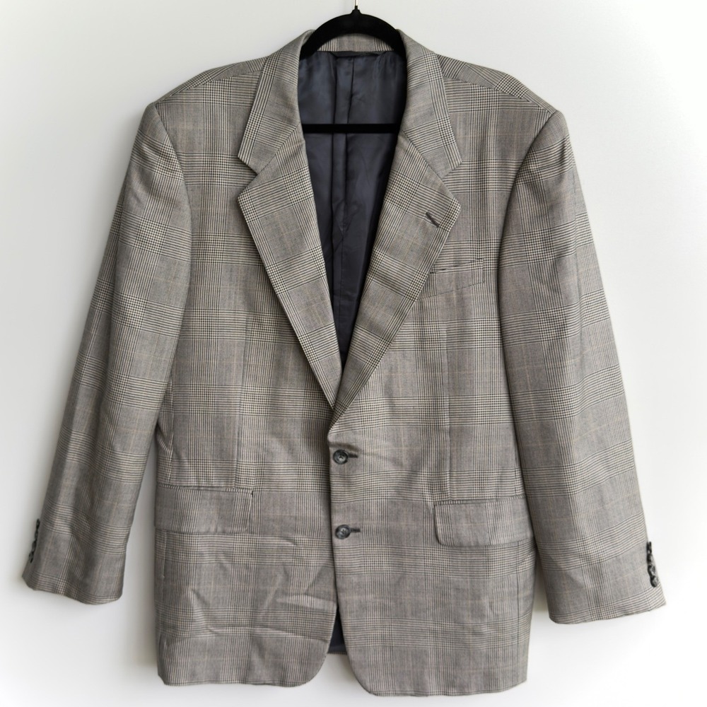 Hickey Freeman Men's Regular Cream Wool Glen Plaid Blazer Sport Coat Size 43R US